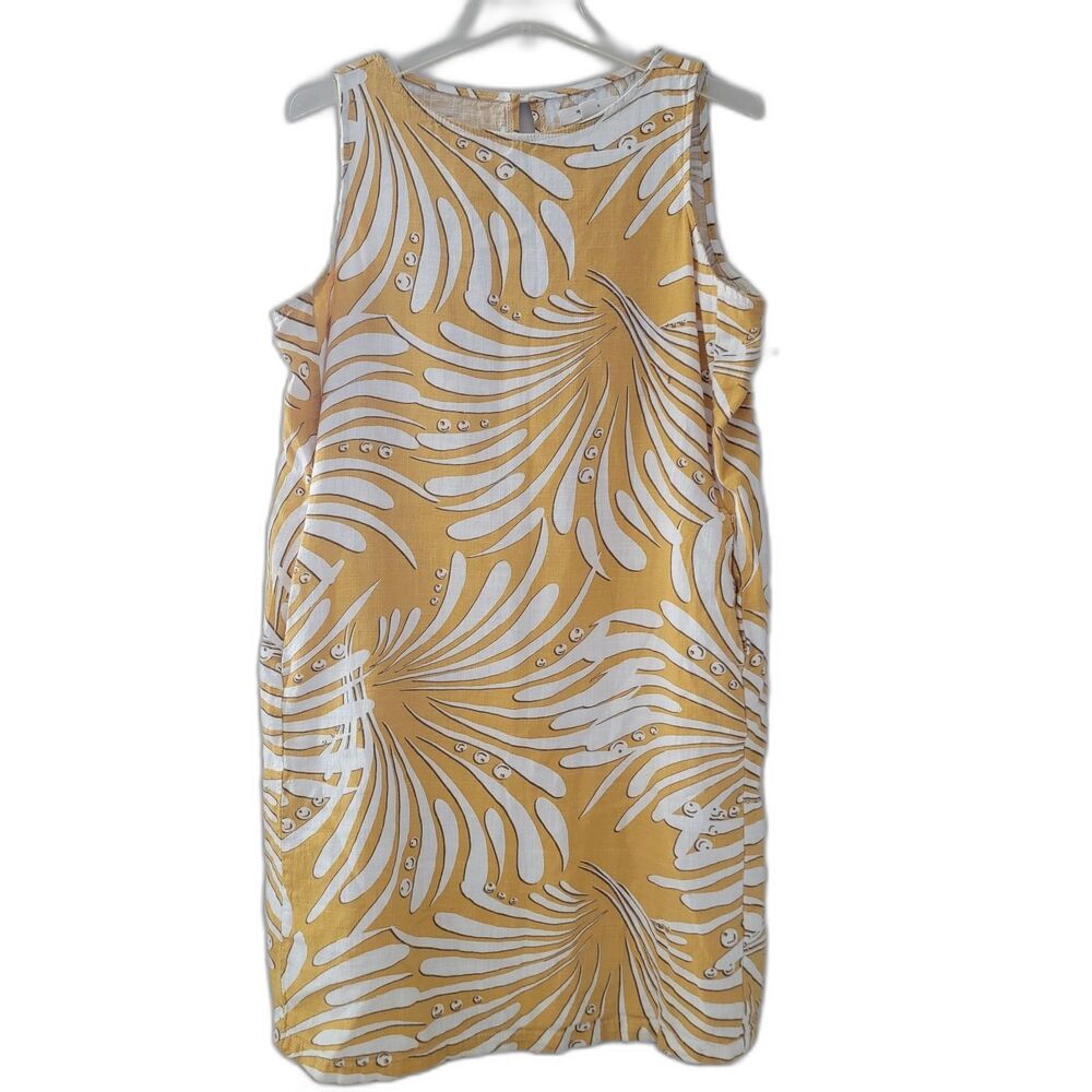 Next linen blend printed dress wmms sz 10 Pockets yellow/wht coastal lagenlook